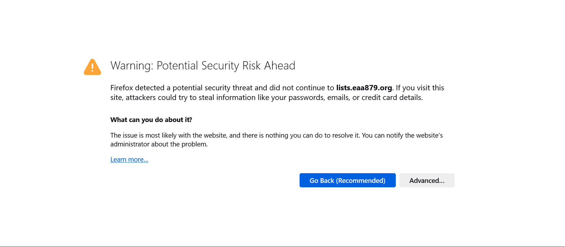 Example of the warning from FireFox